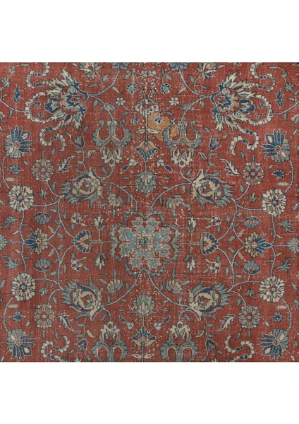 238 x 342 cm Botanik Desenli Kırmızı ve Bej Romantik Eski El Yapımı Türk Büyük Halısı