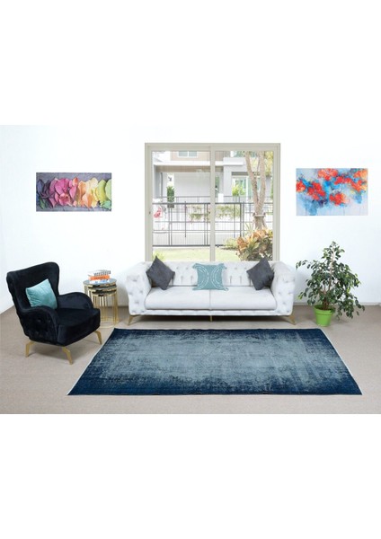 176 x 274 cm Mavi Oturma Odası Halısı, Yenilenmiş Lacivert Halı, El Düğümlü Alan Halısı