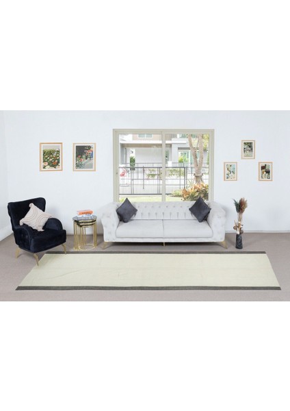 141 x 405 cm El Dokuması Türk Yolluk Kilim, Düz Bej ve Kahverengi Bordürlü Halı, Tamamı Yün fiyatları