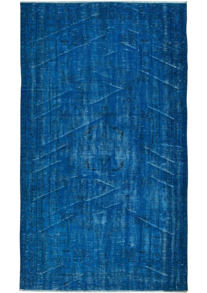 150 x 253 cm Yeniden Boyanmış Mavi El Dokuma Halı, El Yapımı Eski Halı