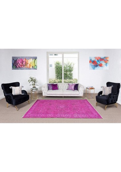 160 x 261 cm Pembe Renkli Yünlü Halı, Modern El Dokuması Yeniden Boyanmış Eski Anadolu Halısı