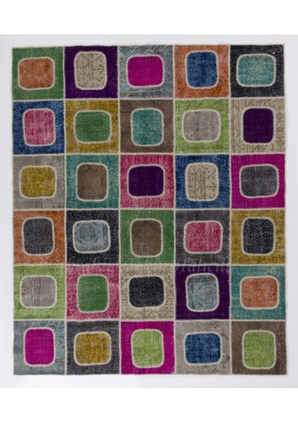 244 x 305 cm Çok Renkli Modern El Dokuması Kare Desenli Modern Patchwork Halı