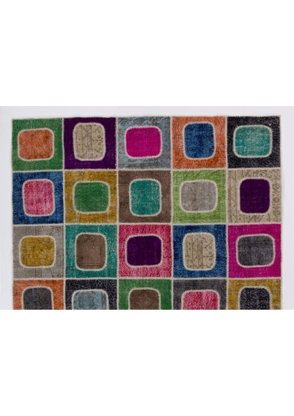 244 x 305 cm Çok Renkli Modern El Dokuması Kare Desenli Modern Patchwork Halı