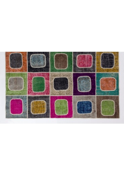 244 x 305 cm Çok Renkli Modern El Dokuması Kare Desenli Modern Patchwork Halı