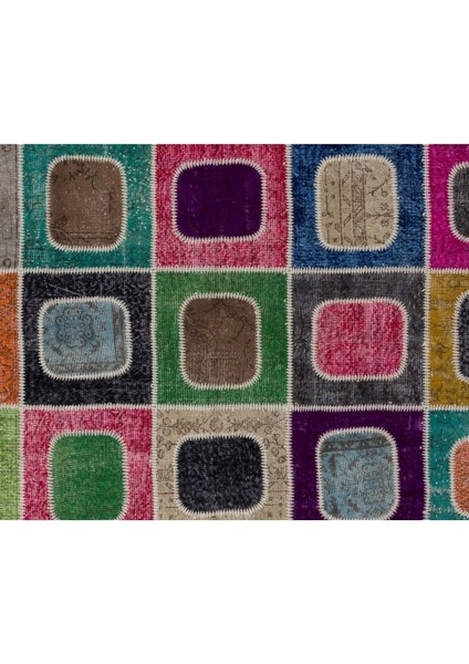 244 x 305 cm Çok Renkli Modern El Dokuması Kare Desenli Modern Patchwork Halı