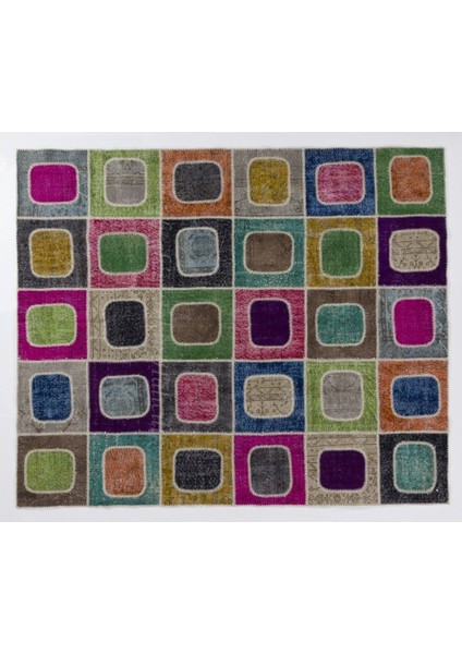 244 x 305 cm Çok Renkli Modern El Dokuması Kare Desenli Modern Patchwork Halı