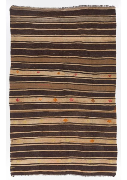 194 x 301 cm Çizgi Desenli El Dokuması Eski Kilim. Doğal Yün