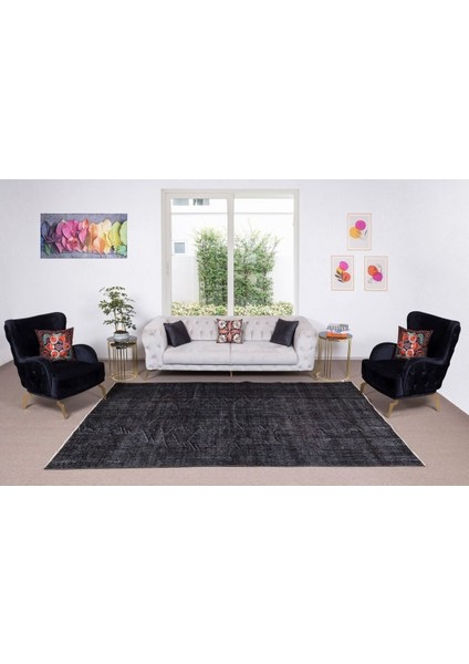 212 x 320 cm El Dokuması Yeniden Boyanmış Eski Türk Halısı, Modern Siyah El Yapımı Yünlü Halı