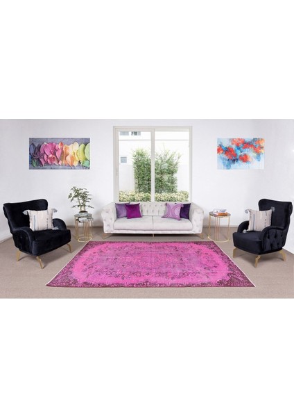 162 x 280 cm El Dokuması Yeniden Boyanmış Eski Türk Halısı, Modern Pembe El Yapımı Yünlü Halı