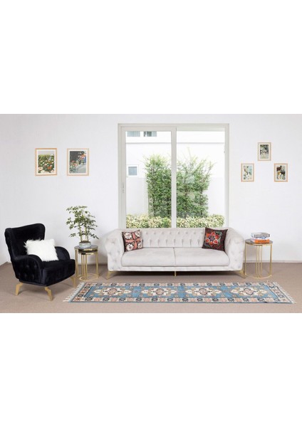 87 x 307 cm Modern El Düğümlü Koridor Halısı, Mavi Geometrik Desenli Koridor Halısı, Yün fiyatları