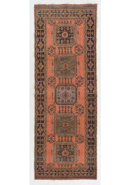 127 x 347 cm Otantik Eski Türk Köy Koşucusu. Koridor Için El Düğümlü Yün Halı