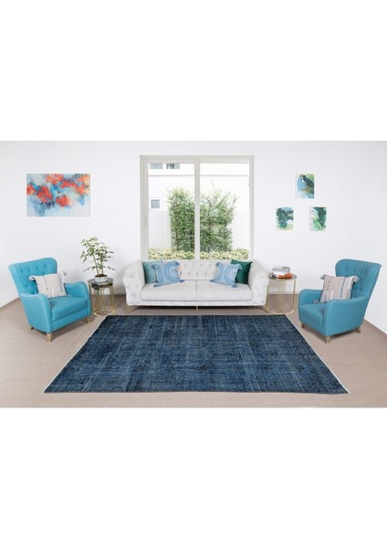 195 x 310 cm El Dokuması Yeniden Boyanmış Eski Türk Halısı, Modern Mavi El Yapımı Yünlü Halı