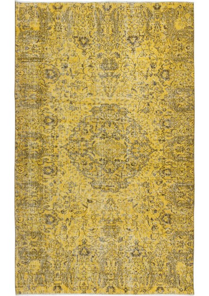 163 x 260 cm El Düğümlü Sarı Türk Halısı, Yeniden Boyanmış El Yapımı Modern Halı