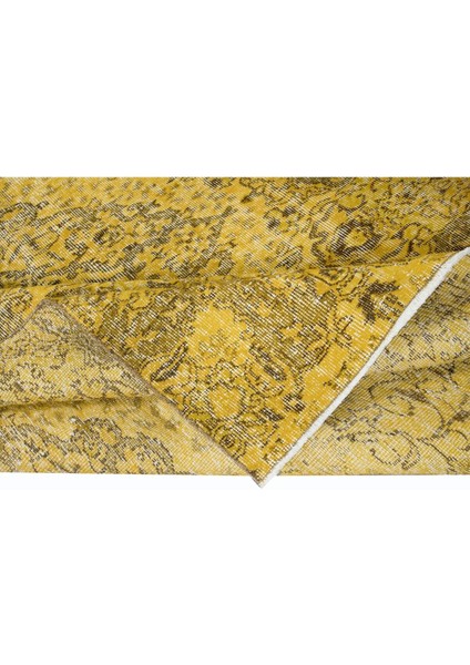 163 x 260 cm El Düğümlü Sarı Türk Halısı, Yeniden Boyanmış El Yapımı Modern Halı