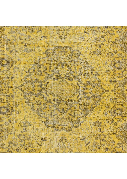 163 x 260 cm El Düğümlü Sarı Türk Halısı, Yeniden Boyanmış El Yapımı Modern Halı