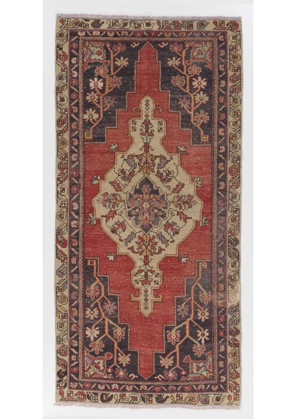 124 x 256 cm Eski El Yapımı Anadolu Köy Halısı, Geleneksel Yün Oryantal Halı