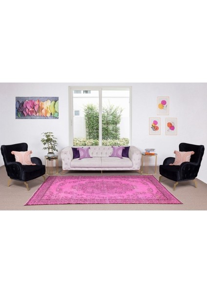 183 x 304 cm El Dokuması Yeniden Boyanmış Eski Türk Halısı, Modern Pembe El Yapımı Yünlü Halı