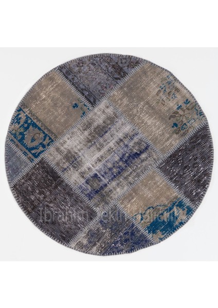 120 x 120 cm Koyu Tonlarda El Dokuması Yuvarlak Patchwork Halı