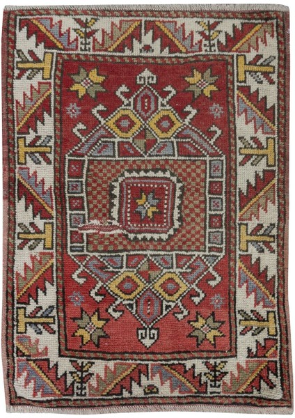 73 x 96 cm El Yapımı Geometrik Madalyon Tasarım Halı, Küçük Eski Türk Kırmızı Halı