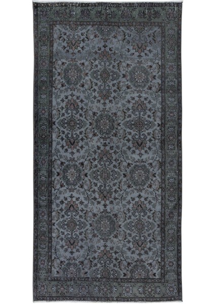 111 x 218 cm Gri El Yapımı Halı, Yenilenmiş Eski Halı, Çiçekli Küçük Modern Halı