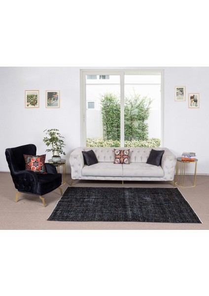 169 x 245 cm El Dokuması Yeniden Boyanmış Eski Türk Halısı, Modern Siyah El Yapımı Yünlü Halı
