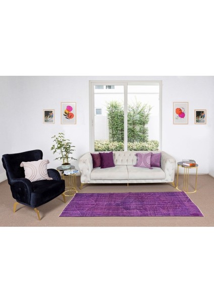 129 x 272 cm El Dokuması Yeniden Boyanmış Eski Türk Halısı, Modern Mor El Yapımı Yünlü Halı