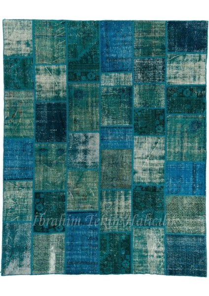 244 x 305 cm Mavi Tonlarda El Dokuması Patchwork Halı, Otantik Renkli Halı