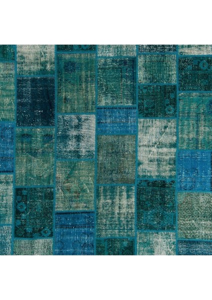 244 x 305 cm Mavi Tonlarda El Dokuması Patchwork Halı, Otantik Renkli Halı fırsatları