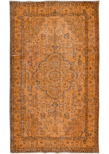 158 x 266 cm Eski El Yapımı Türk Işi Turuncu Halı, El Dokuma Turuncu Halı