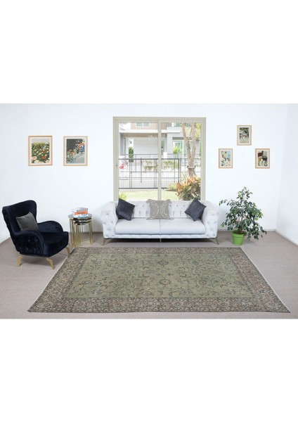 222 x 339 cm Çağdaş Yeşil Halı, El Düğümlü Mutfak Halısı, El Yapımı Halı