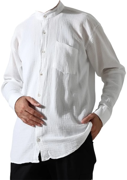 Erkek Hakim Yaka Uzun Kollu Düğmeli Müslin Gömlek