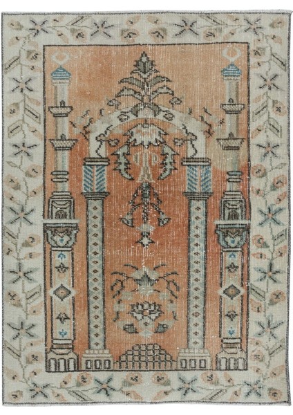 86 x 115 cm Kırmızı ve Bej Eski Seccade, El Yapımı Türk Küçük Halı