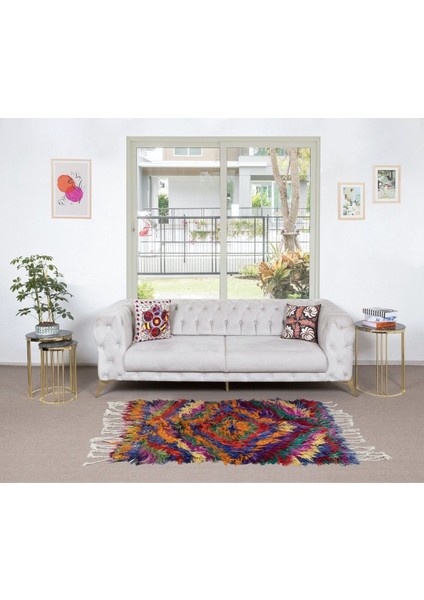 122 x 185 cm Çok Renkli El Yapımı Tülü Halı, Saçaklı, Eski Yüksek Tüylü Halı, Tiftik Yünü
