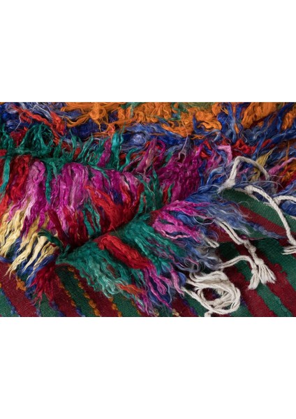 122 x 185 cm Çok Renkli El Yapımı Tülü Halı, Saçaklı, Eski Yüksek Tüylü Halı, Tiftik Yünü