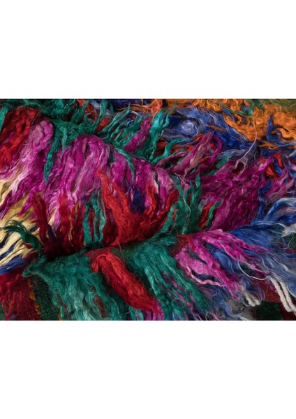 122 x 185 cm Çok Renkli El Yapımı Tülü Halı, Saçaklı, Eski Yüksek Tüylü Halı, Tiftik Yünü