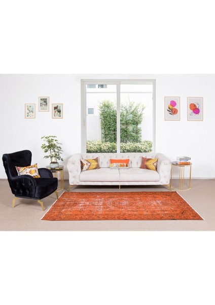 152 x 267 cm El Dokuması Otantik Eski Anadolu Halısı Modern Turuncu El Yapımı Yünlü Halı