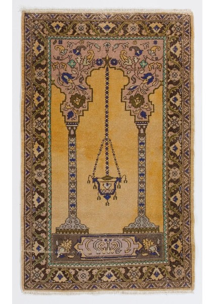 99 x 163 cm El Yapımı Eski Halı Seccade, El Düğümlü Namaz Seccadesi