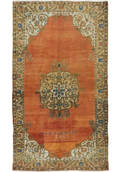 133 x 238 cm 1963 Yıllarından Oryantal Halı, Kırmızı, Kahverengi, Krem ve Mavi El Dokuma Alan Halısı