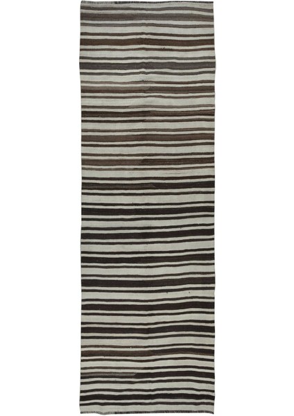 125 x 390 cm Bej ve Kahverengi Doğal Yünden Düz Dokuma Eski Anadolu Yolluk Kilim, Koridor Kilimi