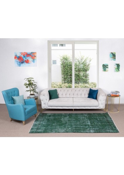 145 x 232 cm El Dokuması Yeniden Boyanmış Eski Türk Halısı, Modern Yeşil El Yapımı Yünlü Halı