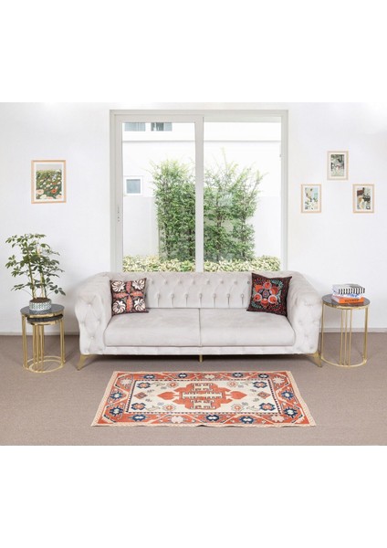 120 x 170 cm Krem, Kırmızı ve Mavi Renklerde Yün El Düğümlü Geometrik Halı