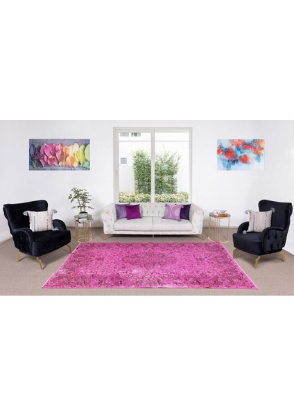 198 x 323 cm El Dokuması Yeniden Boyanmış Eski Türk Halısı, Modern Pembe El Yapımı Yünlü Halı