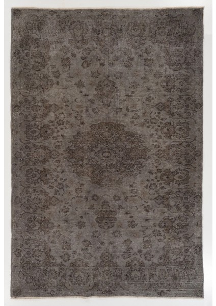 ( 185 x 278 cm ) Gri Tonlarda El Dokuması Anadolu Halısı, Madalyon ve Çiçek Desenli Halı
