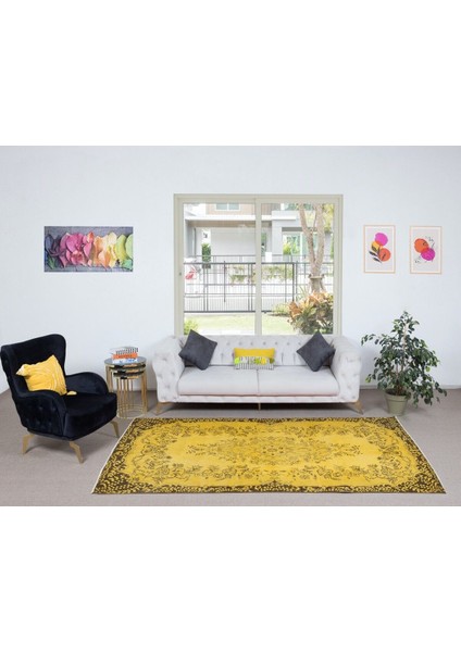166 x 288 cm El Dokuması Türk Işi Halı, Yünlü El Yapımı Sarı Halı