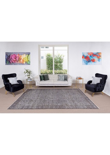 203 x 310 cm El Dokuması Yeniden Boyanmış Eski Türk Halısı, Modern Gri El Yapımı Yünlü Halı