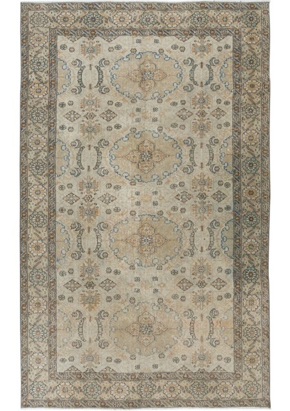 170 x 267 cm Kır Evleri Için Bej Eski El Yapımı Anadolu Uşak Halısı