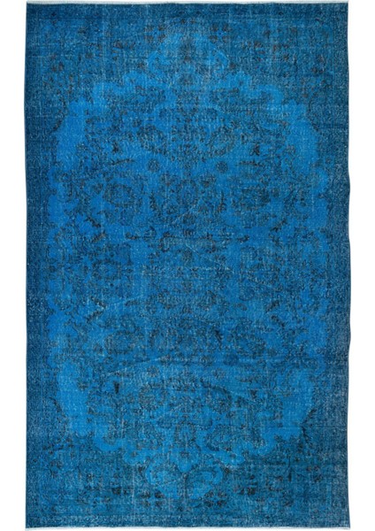 192 x 305 cm Mavi El Yapımı Halı, Yenilenmiş Eski Halı, Çiçekli Bahçe Desenli Halı