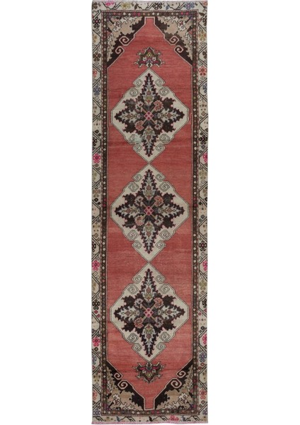 88 x 313 cm Renkli Madalyonlu Kırmızı El Düğümlü Eski Koridor Halısı