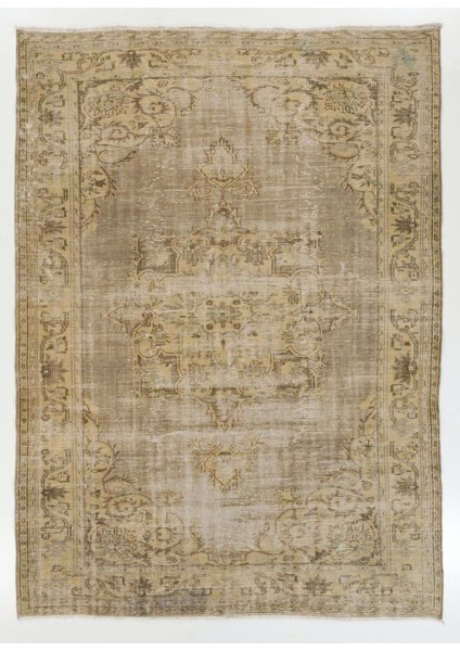 217 x 293 cm Kum ve Taupe Eski El Düğümlü Türk Uşak Halısı, El Yapımı Ev Dekor Halı