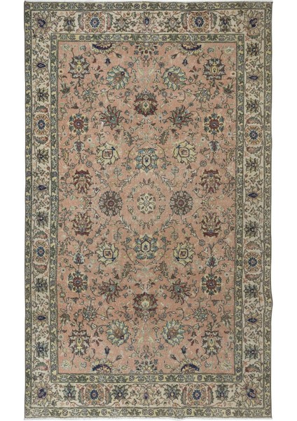 203 x 328 cm Romantik Botanik Tasarımlı Kırmızı ve Bej Eski El Yapımı Büyük Türk Halısı